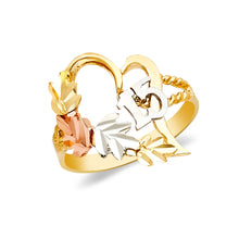 Ioka Jewelry - 14K Tri Color Solid Gold 15 Years Quinceanera Birthday Heart Ring