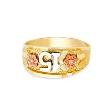 Ioka Jewelry - 14K Tri Color Solid Gold 15 Years Quinceanera Birthday Flower Ring