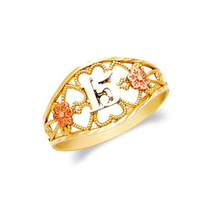 Ioka Jewelry - 14K Tri Color Solid Gold 15 Years Quinceanera Birthday Ring With Flower and Hearts