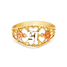 Ioka Jewelry - 14K Tri Color Solid Gold 15 Years Quinceanera Birthday Ring With Flower and Hearts