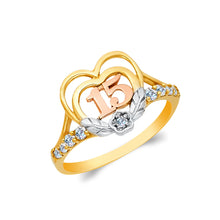 Ioka Jewelry - 14K Tri Color Solid Gold 15 Years Quinceanera Birthday Cubic Zirconia CZ Heart Ring