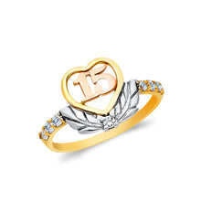 Ioka Jewelry - 14K Tri Color Solid Gold 15 Years Quinceanera Birthday Cubic Zirconia CZ Heart Ring
