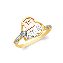 Ioka Jewelry - 14K Tri Color Solid Gold 15 Anos Quinceanera Birthday Cubic Zirconia CZ Heart Ring