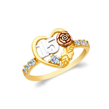 Ioka Jewelry - 14K Tri Color Solid Gold 15 Years Quinceanera Birthday Cubic Zirconia CZ Heart Ring