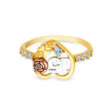 Ioka Jewelry - 14K Tri Color Solid Gold 15 Years Quinceanera Birthday Cubic Zirconia CZ Heart Ring