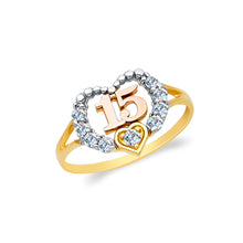 Ioka Jewelry - 14K Two Tone Solid Gold 15 Years Quinceanera Birthday Cubic Zirconia CZ Heart Ring