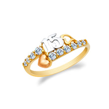 Ioka Jewelry - 14K Tri Color Solid Gold 15 Years Quinceanera Birthday Cubic Zirconia CZ Dual Heart Ring