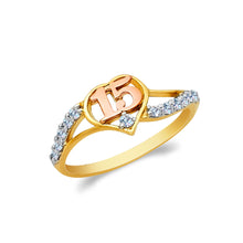 Ioka Jewelry - 14K Two Tone Solid Gold 15 Years Quinceanera Birthday Cubic Zirconia CZ Heart Ring