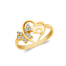 Ioka Jewelry - 14K Yellow Solid Gold 15 Years Quinceanera Birthday Cubic Zirconia CZ Heart Ring