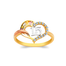 Ioka Jewelry - 14K Two Tone Solid Gold 15 Years Quinceanera Birthday Cubic Zirconia CZ Colorful Heart Ring