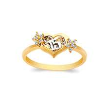 Ioka Jewelry - 14K Yellow Solid Gold 15 Years Quinceanera Birthday Cubic Zirconia CZ Heart Ring