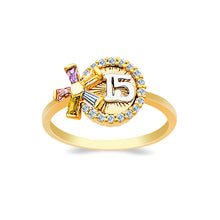Ioka Jewelry - 14K Yellow Solid Gold 15 Years Quinceanera Birthday Cubic Zirconia CZ Flower Ring
