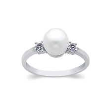 Ioka Jewelry - 14K White Solid Gold 8mm Freshwater Cultured Pearl & Cubic Zirconia CZ Wedding Engagement Ring