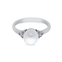 Ioka Jewelry - 14K White Solid Gold 8mm Freshwater Cultured Pearl & Cubic Zirconia CZ Wedding Engagement Ring