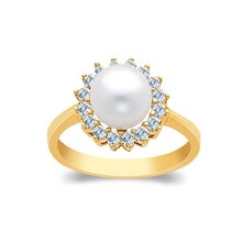 Ioka Jewelry - 14K Yellow Solid Gold 8mm Freshwater Cultured Pearl & Cubic Zirconia CZ Wedding Engagement Ring