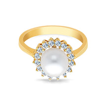 Ioka Jewelry - 14K Yellow Solid Gold 8mm Freshwater Cultured Pearl & Cubic Zirconia CZ Wedding Engagement Ring