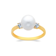 Ioka Jewelry - 14K Yellow Solid Gold 8mm Freshwater Cultured Pearl & Cubic Zirconia CZ Wedding Engagement Ring