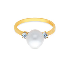 Ioka Jewelry - 14K Yellow Solid Gold 8mm Freshwater Cultured Pearl & Cubic Zirconia CZ Wedding Engagement Ring