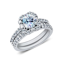 Ioka Jewelry - 14K White Solid Gold 1 Ct Round Cut Halo Cubic Zirconia CZ Wedding Engagement Ring Set