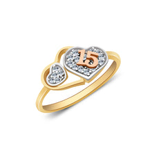 Ioka Jewelry - 14K Two Tone Solid Gold 15 Years Quinceanera Birthday Tri Heart Cubic Zirconia CZ Ring