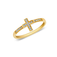 Ioka Jewelry - 14K Yellow Solid Gold Religious Cross Cubic Zirconia CZ Ring