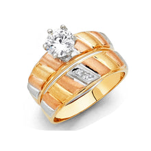 Ioka Jewelry - 14K Tri Color Solid Gold 1 Ct. Round Cut Solitaire Cubic Zirconia CZ Wedding Engagement Ring Set