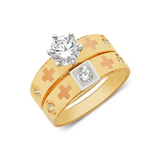 Ioka Jewelry - 14K Tri Color Solid Gold 1 Ct. Round Cut Cubic Zirconia CZ with Crosses Wedding Engagement Ring Set