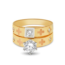Ioka Jewelry - 14K Tri Color Solid Gold 1 Ct. Round Cut Cubic Zirconia CZ with Crosses Wedding Engagement Ring Set